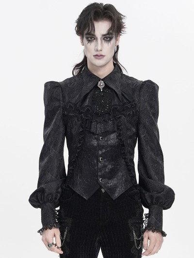 Devil Fashion Black Gothic Floral Pattern Swallow-Tailed Shirt for Men