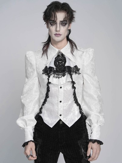 Devil Fashion White Gothic Floral Pattern Swallow-Tailed Shirt for Men