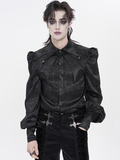 Devil Fashion Black Retro Gothic Batwing Collar Button-Up Shirt for Men