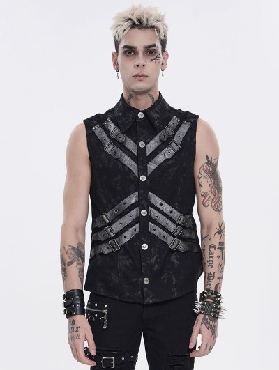 Devil Fashion Black Gothic Punk Buckle Strap Sleeveless Shirt for Men