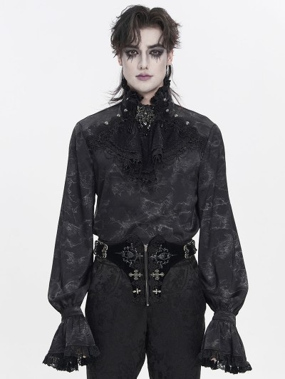 Devil Fashion Black Gothic Victorian Ruffled Stand-Up Collar Shirt for Men
