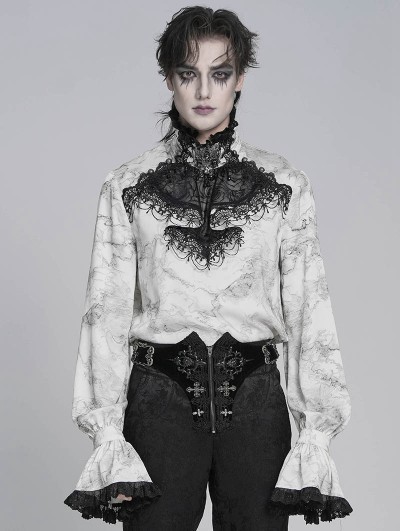 Devil Fashion White Gothic Victorian Ruffled Stand-Up Collar Shirt for Men