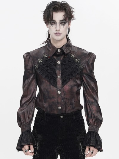 Devil Fashion Burgundy Retro Gothic Floral Embroidery Pattern Shirt for Men