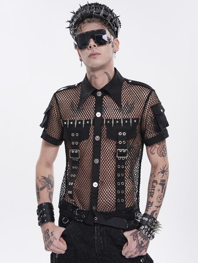 Devil Fashion Black Gothic Punk Mesh Short Sleeve Shirt for Men