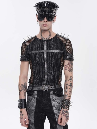 Devil Fashion Black Gothic Punk Spiked Mesh Splice T-shirt for Men