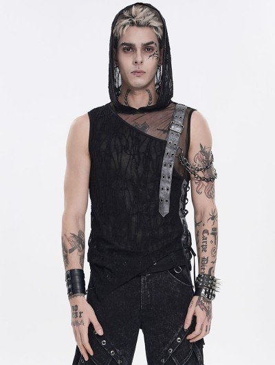 Devil Fashion Black Gothic Punk Hooded Asymmetric Tank Top for Men