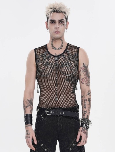 Devil Fashion Black Gothic Punk Mesh Tank Top with Chain