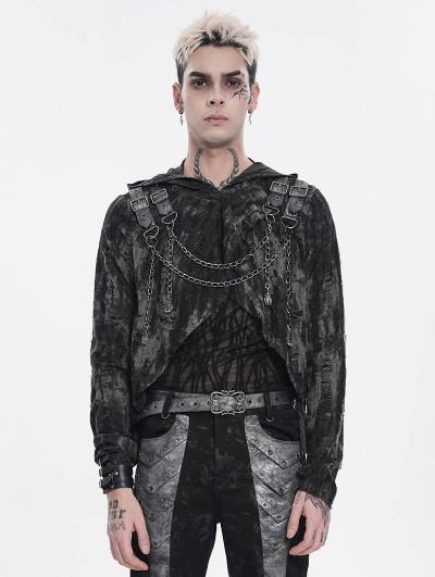 Devil Fashion Black Gothic Punk Distressed Hooded Top for Men
