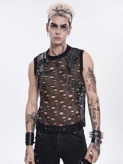 Devil Fashion Black Gothic Punk Decadent Mesh Vest Top for Men