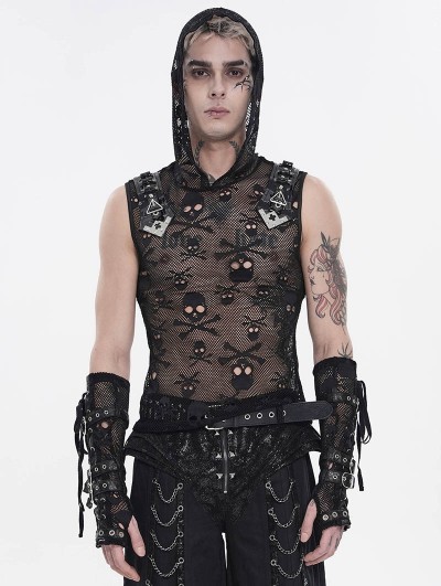 Devil Fashion Black Gothic Punk Skull Pattern Mesh Hooded Top for Men