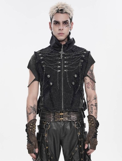 Devil Fashion Black Gothic Punk Distressed Chain Waistcoat for Men