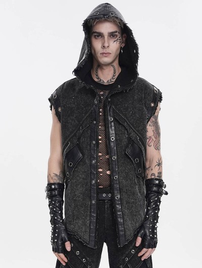 Devil Fashion Black Gothic Punk Eyelet Distressed Hooded Vest for Men
