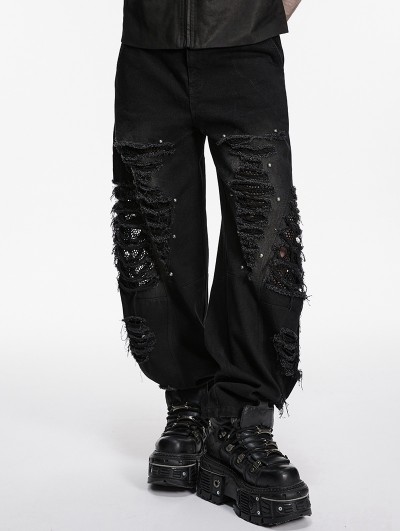 Punk Rave Black Gothic Punk Tattered Denim Pants for Men