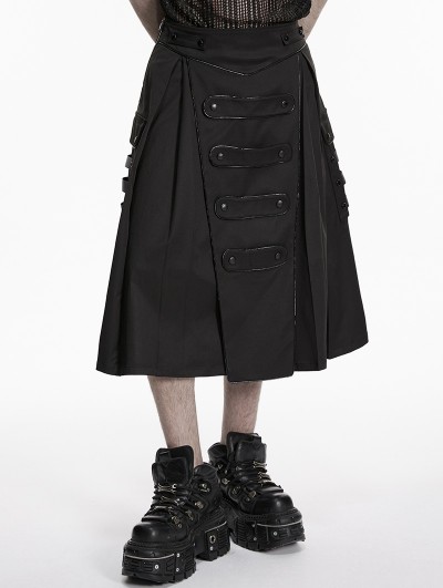 Punk Rave Black Gothic Cyberpunk Drape Pleated Skirt for Men