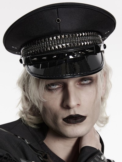 Punk Rave Black Gothic Punk Studded Military Style Hat for Men