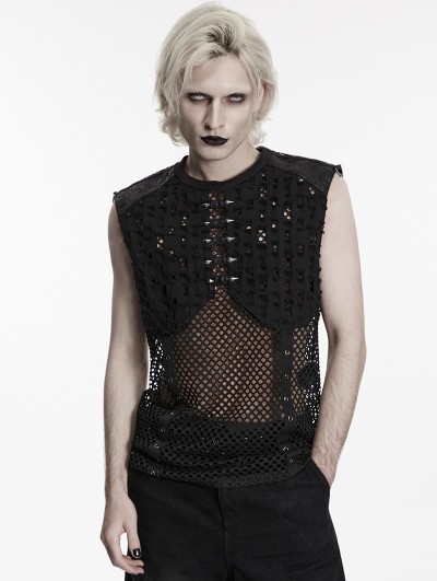 Punk Rave Black Gothic Punk Mesh Perforated Vest Top for Men