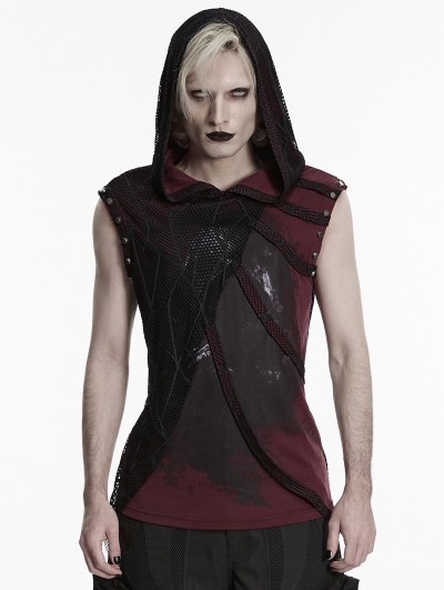 Punk Rave Black and Red Punk Gothic Printed Hooded Tank Top for Men