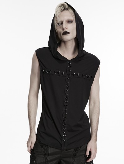 Punk Rave Black Gothic Dark Cross Rings Hooded Tank Top for Men