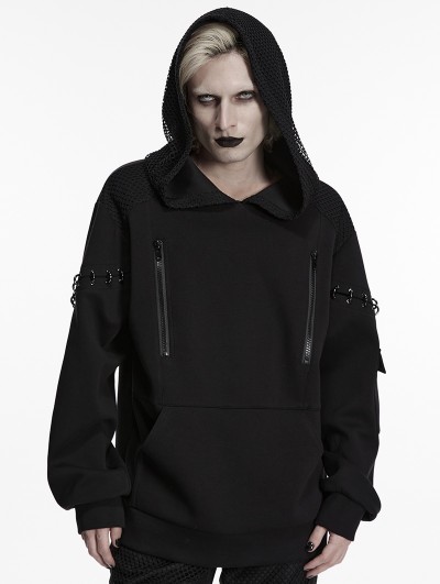 Punk Rave Black Gothic Cyberpunk Mesh Knitted Hoodie for Men