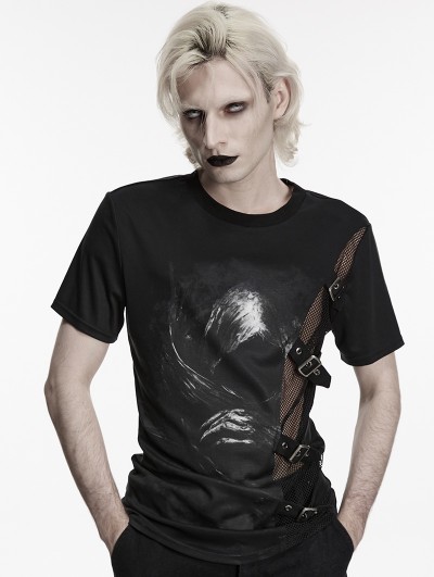 Punk Rave Black Gothic Printed Punk Mesh Spliced T-Shirt for Men