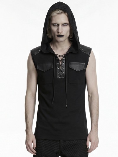 Punk Rave Black Gothic Punk Simple Hooded Sleeveless T-Shirt for Men