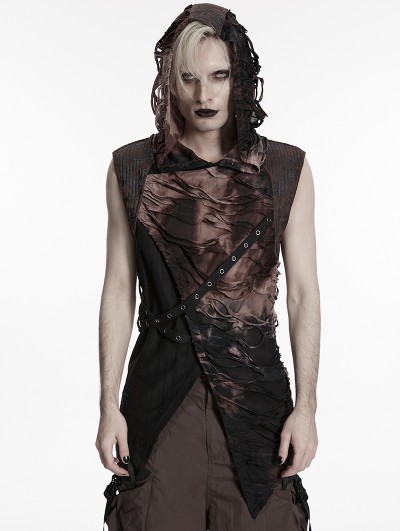 Punk Rave Black and Coffee Gothic Wasteland Hooded Tattered Vest Top for Men