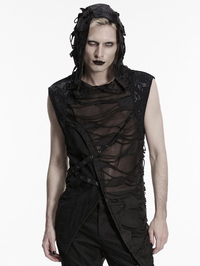 Punk Rave Black Gothic Wasteland Hooded Tattered Vest Top for Men