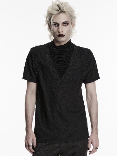 Punk Rave Black Gothic Patterned Pleated Drape T-Shirt for Men