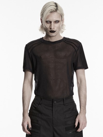 Punk Rave Black Gothic Punk Perspective Mesh T-Shirt for Men