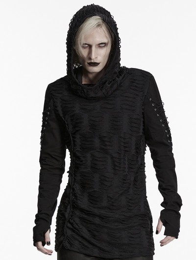 Punk Rave Black Gothic Decadent Hooded Long Sleeve T-Shirt for Men