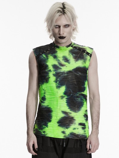 Punk Rave Black and Green Tie-Dyed Cyber Gothic Vest Top for Men