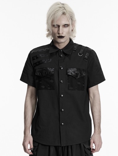 Punk Rave Black Gothic Punk Distressed Mesh Spliced Shirt for Men