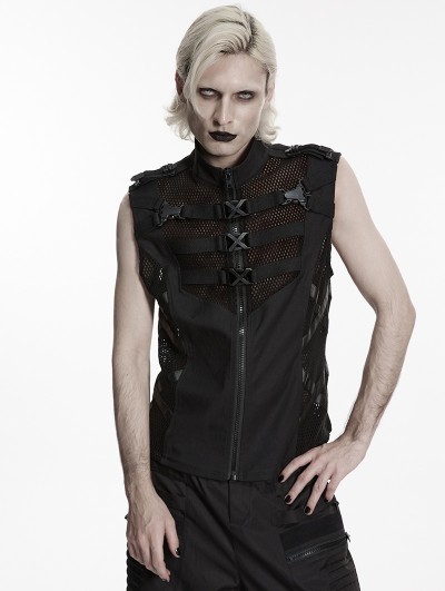Punk Rave Black Gothic Punk Buckled Mesh Panel Vest for Men