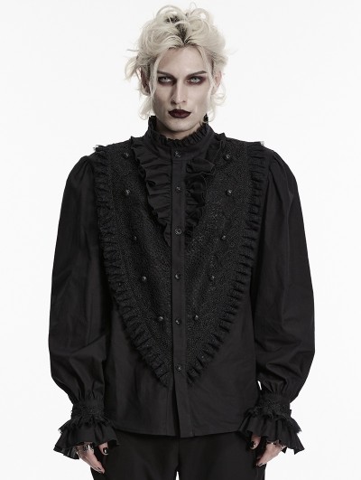 Punk Rave Black Gothic Palace Ruffled Lace Lantern Sleeve Shirt for Men