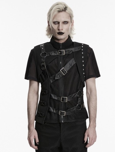 Punk Rave Black Gothic Punk Asymmetrical Fake Two-Piece Vest for Men