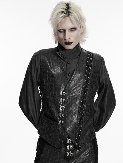 Punk Rave Black Steampunk Gothic Asymmetric Striped Leather Vest for Men