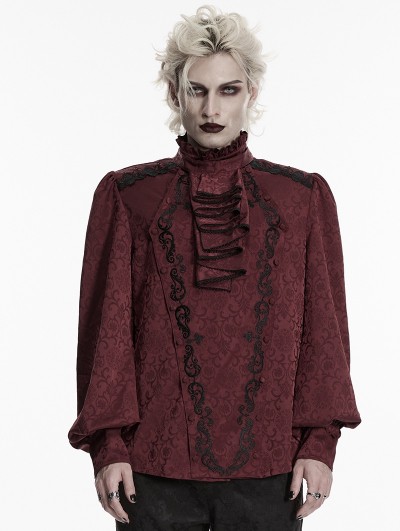 Punk Rave Red Gorgeous Gothic Coffin Embroidered Men's Shirt with Detachable Collar