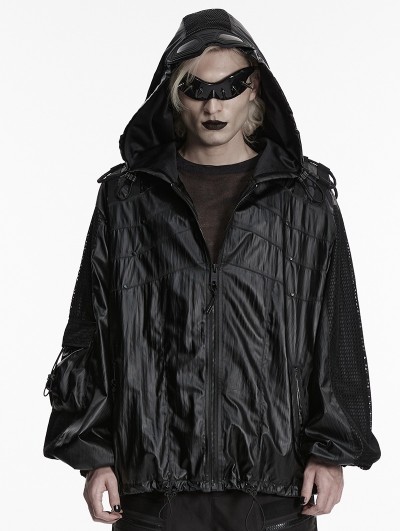 Punk Rave Black Gothic Punk Waterproof Mesh Spliced Jacket for Men