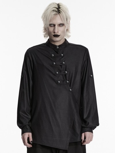 Punk Rave Black Gothic Dark Punk Asymmetric Placket Shirt for Men