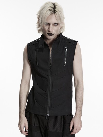 Punk Rave Black Gothic Cyberpunk Rivets Zipper Vest for Men