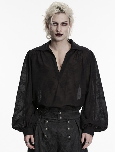 Punk Rave Black Gothic Retro Embroidered Loose Puff Sleeve Shirt for Men