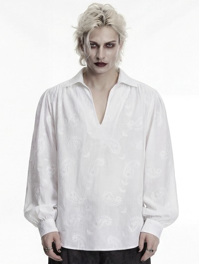 Punk Rave White Gothic Retro Embroidered Loose Puff Sleeve Shirt for Men