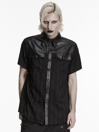 Punk Rave Black Gothic Punk Plaid Leather Patch Shirt for Men