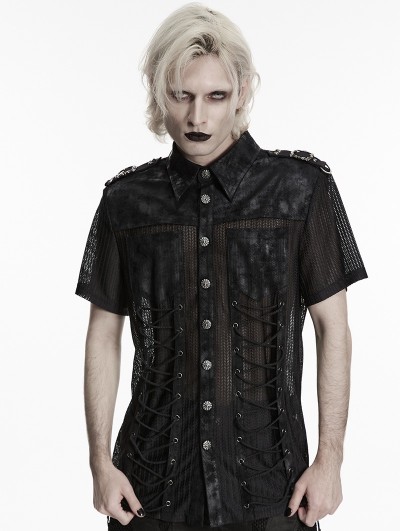Punk Rave Black Gothic Punk Distressed Mesh Drawstring Shirt for Men