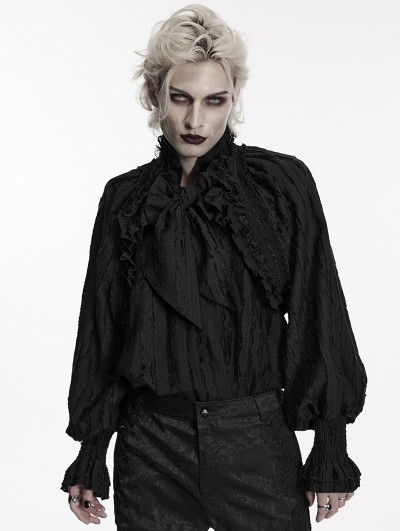 Punk Rave Black Gothic Ruffled Bow Tie Pullover Shirt for Men