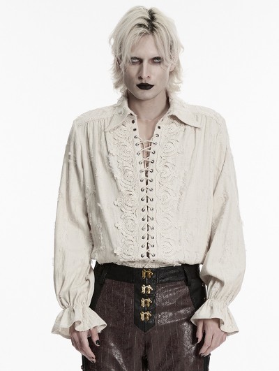 Punk Rave Ivory Retro Gothic Distressed Lace-Up Shirt for Men