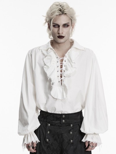 Punk Rave White Gothic Retro Ruffles Lace-Up Collar Shirt for Men