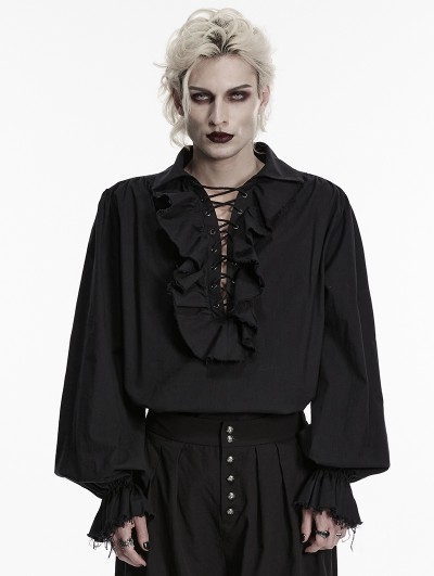 Punk Rave Black Gothic Retro Ruffles Lace-Up Collar Shirt for Men