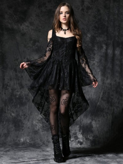 Dark in Love Black Off-the-Shoulder Long Sleeves High-Low Lace Gothic Dress