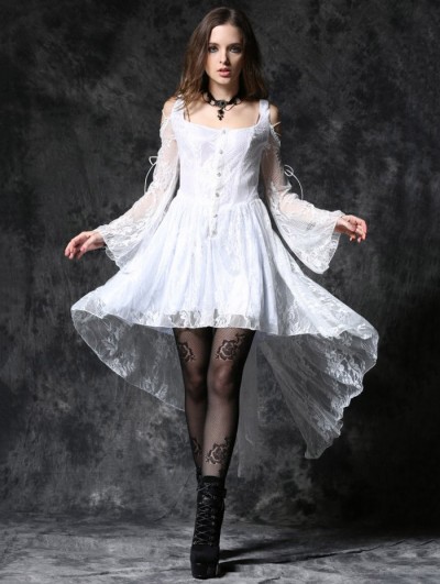 Dark in Love White Off-the-Shoulder Long Sleeves High-Low Lace Gothic Dress